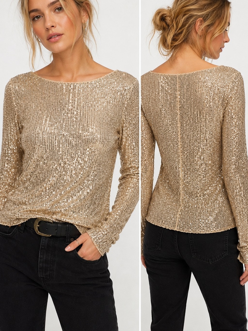 Free People Intimately Gold Sequin Long Sleeve Boat Neck Party Top Small